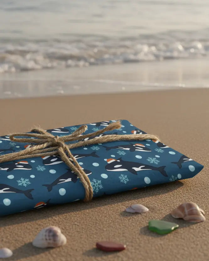 Wrapping paper with a Christmas theme, featuring images of orcas and snowflakes on a dark blue background, tied with a string.