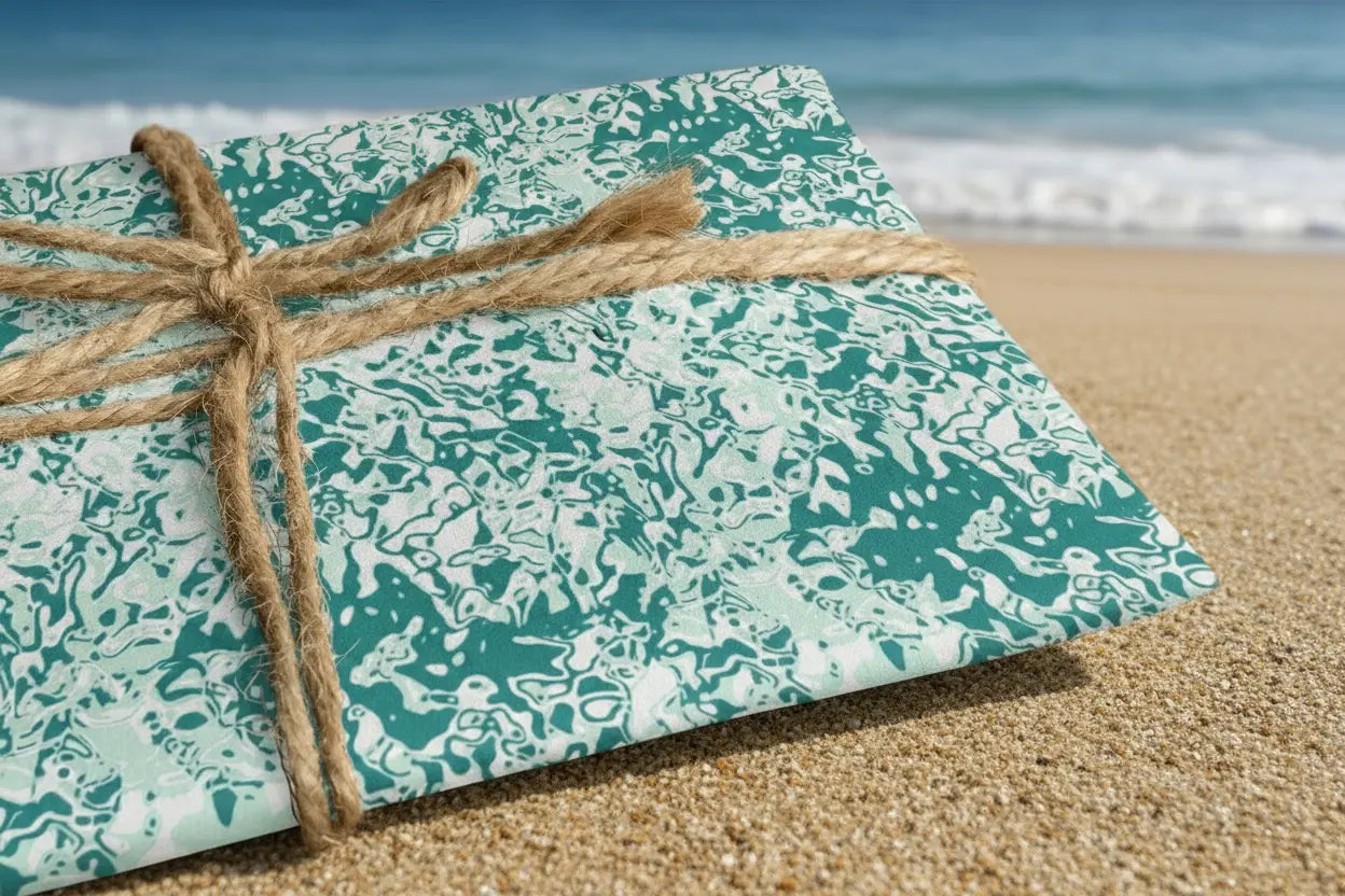 A sheet of wrapping paper with a sea foam design, tied with a string to a cardboard base, representing the product's use for gift wrapping.
