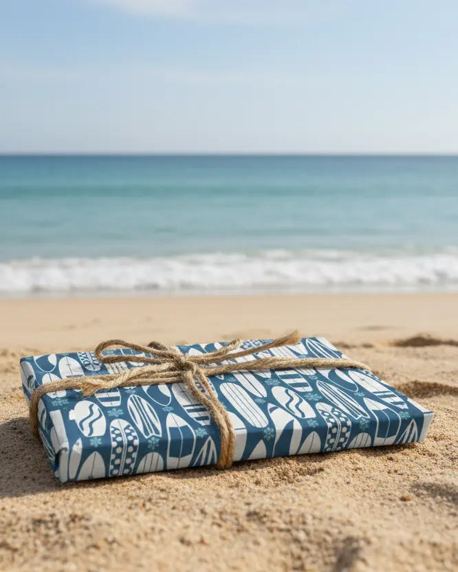 Wrapping paper with a blue and white snowflake pattern and Christmas-themed graphics such as snowboards and waves, tied with a string.